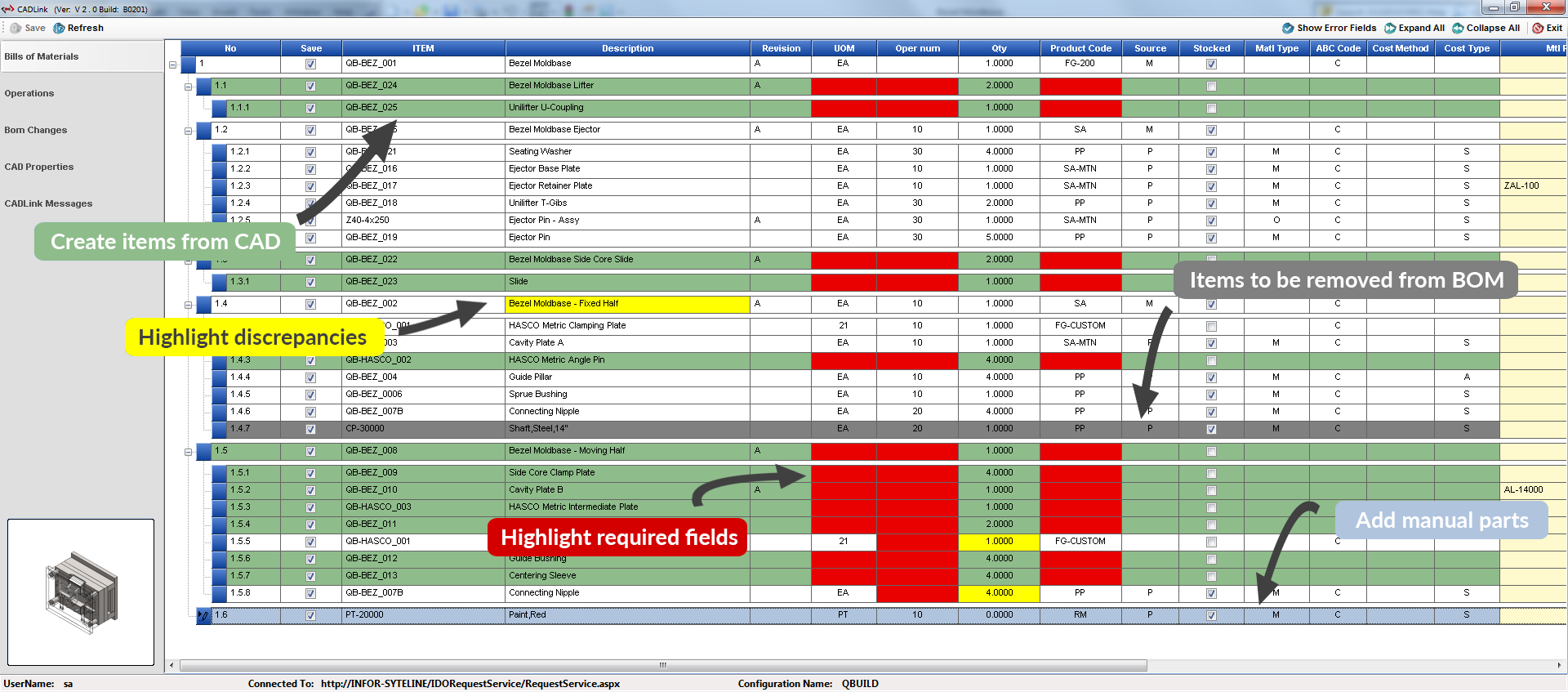 CADLink BOM Grid Colours Explained